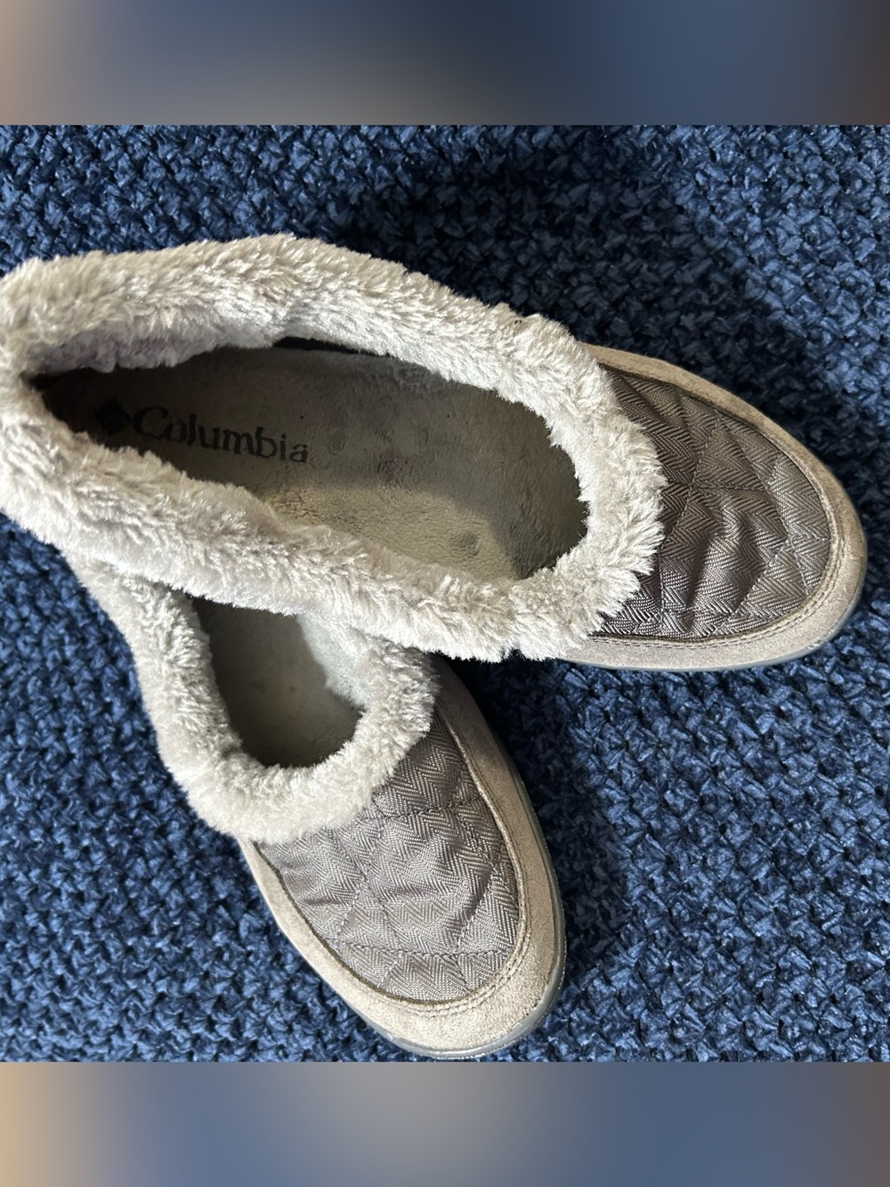 Columbia Women's Quilted Slip-On Slippers — Taupe with Cream Faux Fur